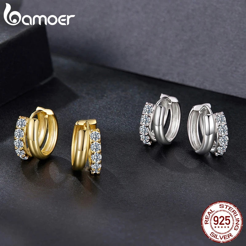 BAMOER 0.3CT Double-layer Moissanite Huggies Earring, 925 Sterling Silver Sparking Hoop Earring for Women Hypoallergenic Jewelry