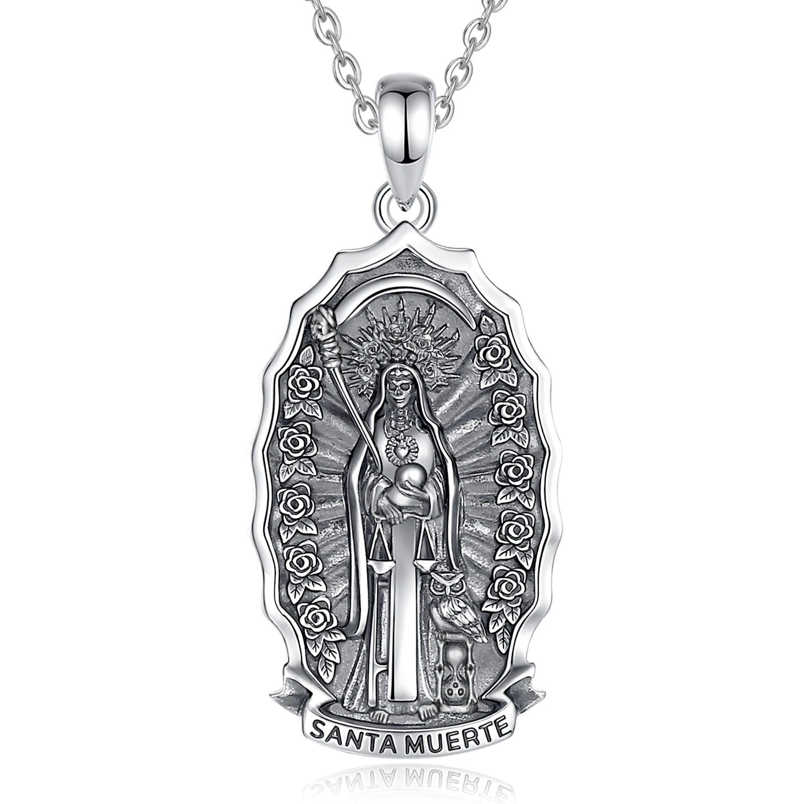 Eudora 925 Sterling Silver Santa Muerte Necklace for Women Man Holy Death Scythe Mexican Pendant Personality Jewelry Fine Gift