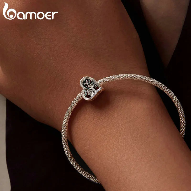 Bamoer 925 Sterling Silver Four-leaf Clover Beads Family The Tree of Life Pendant Charms for Women Bracelet and Necklace DIY