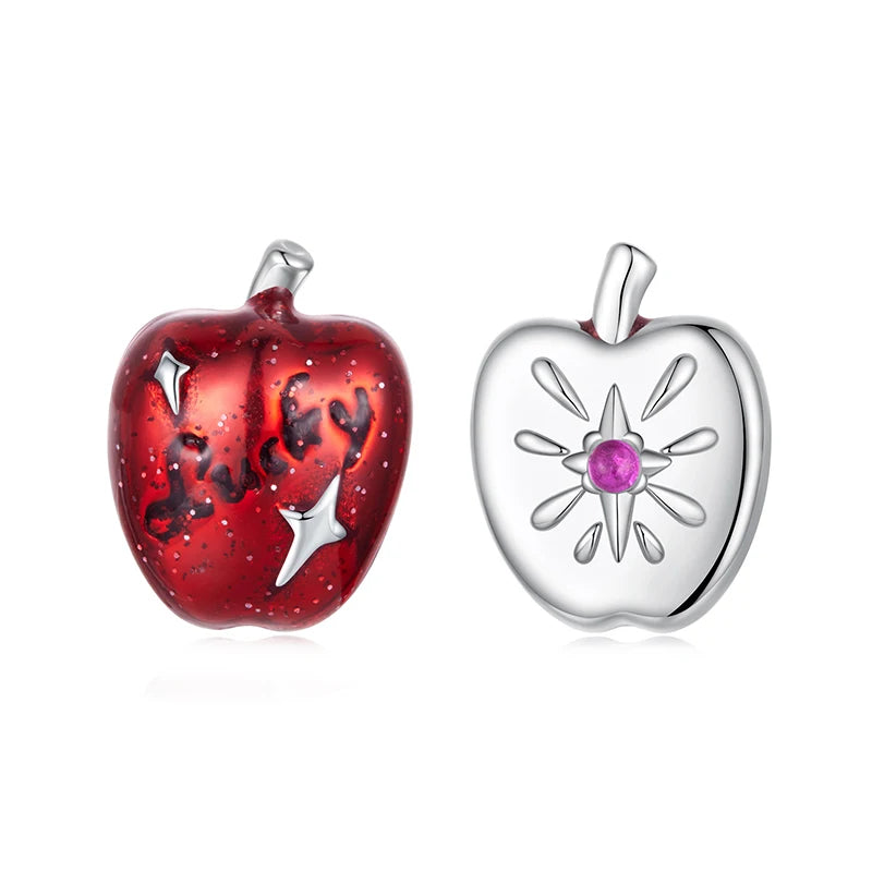 BAMOER 925 Sterling Silver Red Apple Asymmetrical Earrings, CZ Piercing Earrings Cute Fruit Jewelry for Girls Lucky Xmas Gift