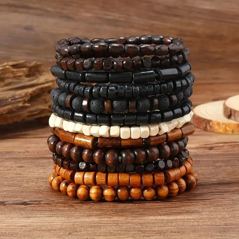 24pcs/set Men's Retro Trendy Multi-layer Bracelet Set, Versatile Elastic Thread Wooden Bead Bracelet