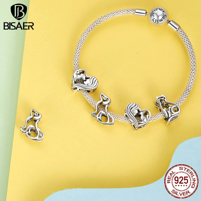 BISAER 925 Sterling Silver Pet Dog Charm Cute Cat Bead Hamster Elephant Animal Pendant For Women DIY Bracelet Fine Jewelry Gift