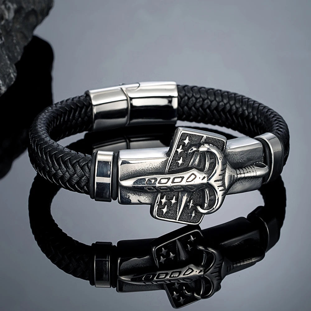 MKENDN Viking Style Men Braided Genuine Red Leather Bracelet Warrior's Sword Stainless Steel Magnetic Buckle Homme Pulseras