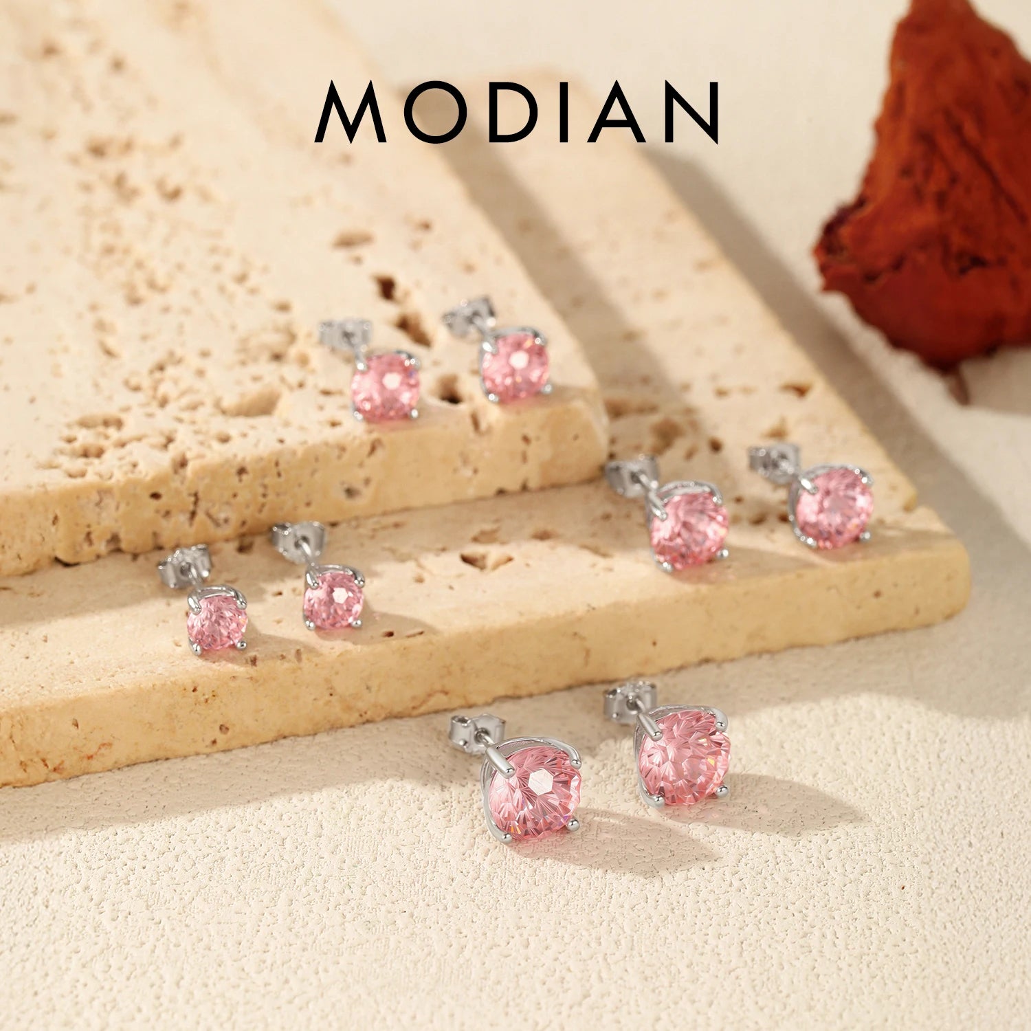 MODIAN 925 Sterling Silver Multiple Sizes Morgan Pink Firework Cut Round CZ Stud Earrings For Women Fine Jewelry