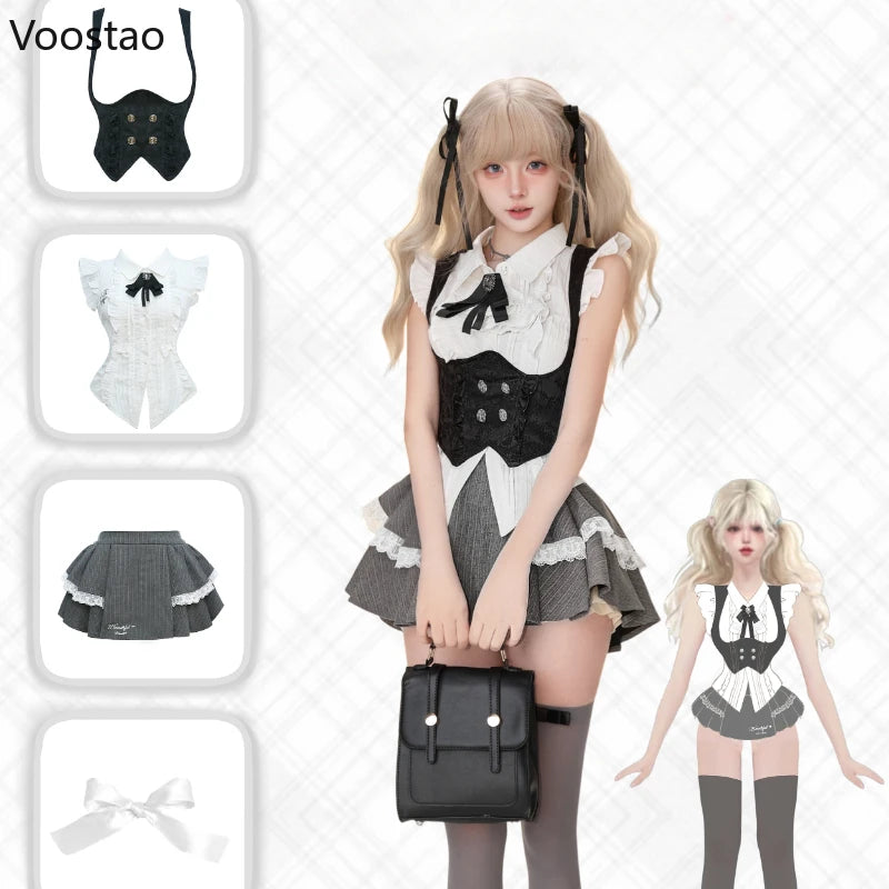 Y2k Vintage 3 Piece Set Women Preppy Style Gothic White Shirt Vest Mini Cake Skirt Suit Female Korean Fashion Elegant Outfits