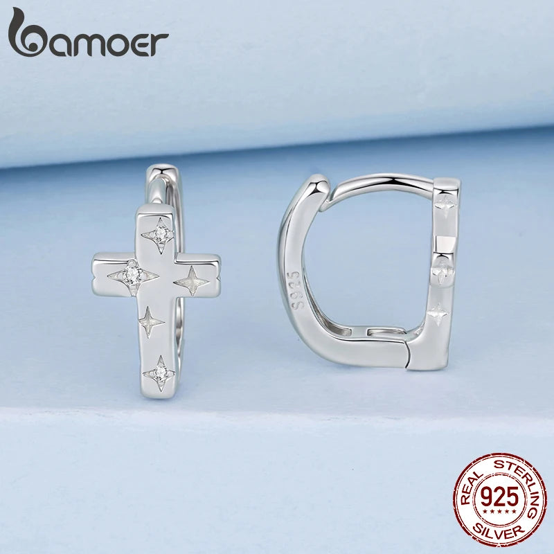 BAMOER Vintage-Kreuz-Ohrringe aus 925er Sterlingsilber für Damen, mit Zirkonia besetzt, zartes Schmuckstück, hypoallergen