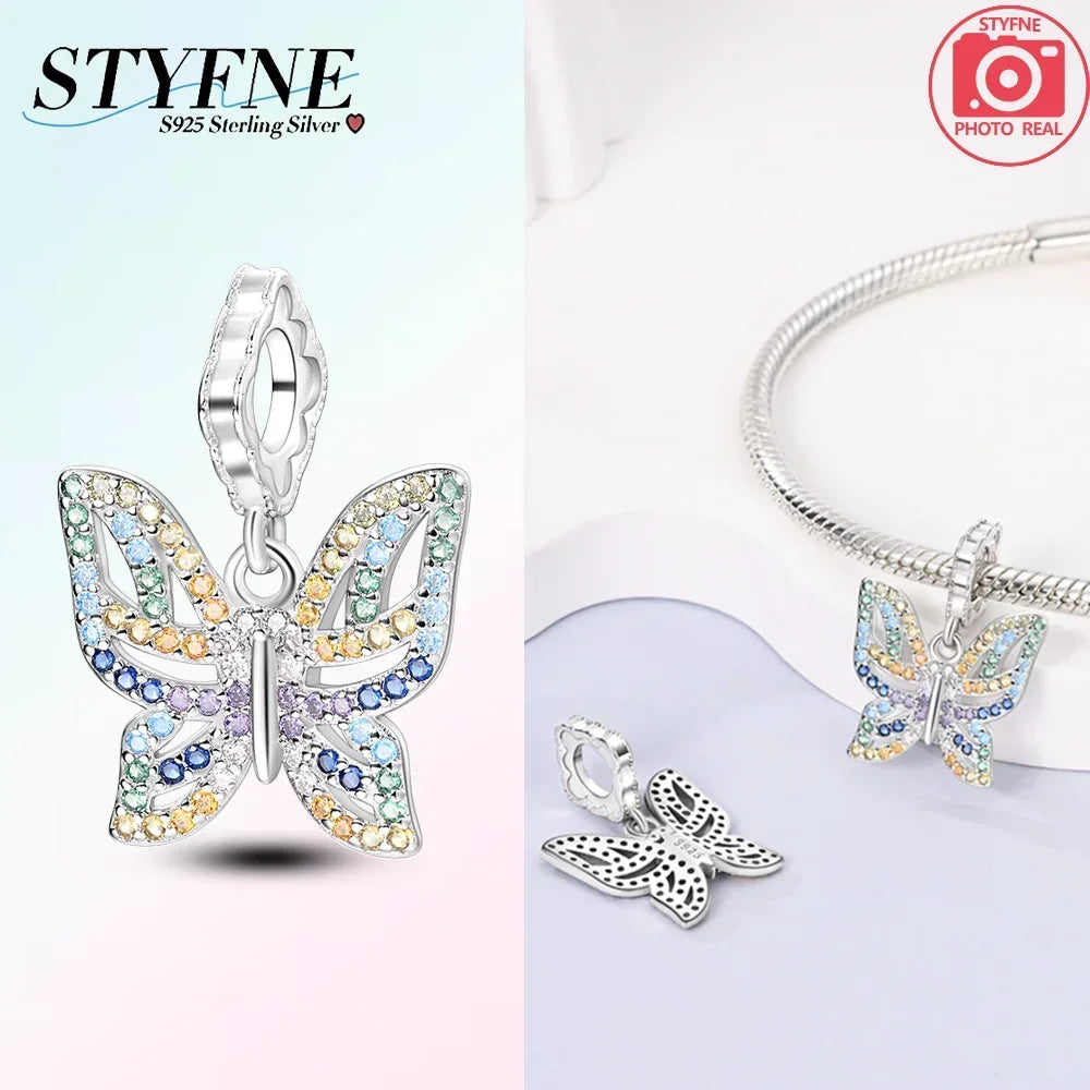 925 Sterling Silver Blue Series Butterfly Beads Pendant Fit Bangle Charms Bracelet DIY Women Original Jewelry