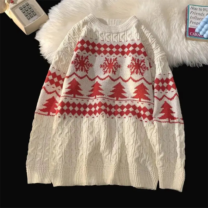 Japanese Retro Diamond-shaped Christmas Sweater Men and Women Couple Winter Pullover Knitted Sweater Top