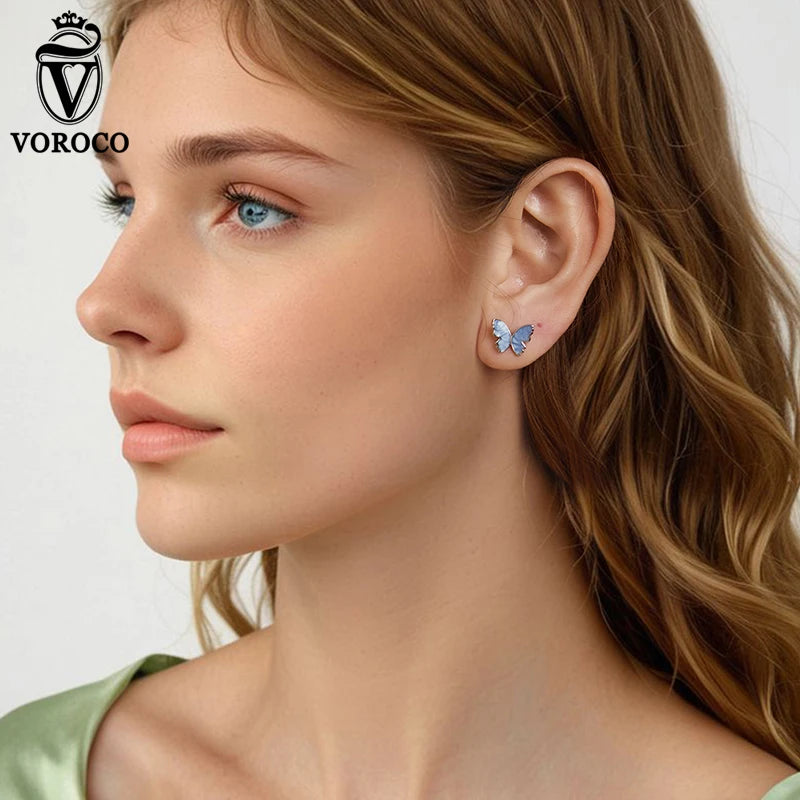 BISAER Real 925 Sterling Silver Butterfly Jewelry Set Bule Enamel Process Stud Earrings Open Ring For Women Party Fine Jewelry