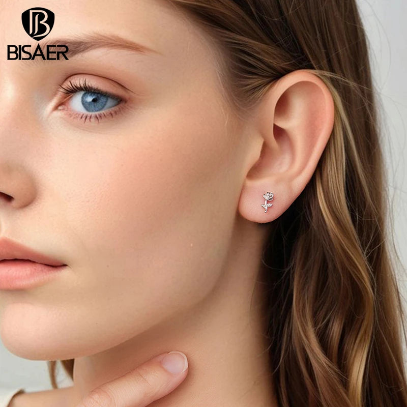 BISAER Autumn Flowers Stud Earrings 925 Sterling Silver Yellow Enamel Process Stud Ear for Women Party Fine Jewelry Gifts