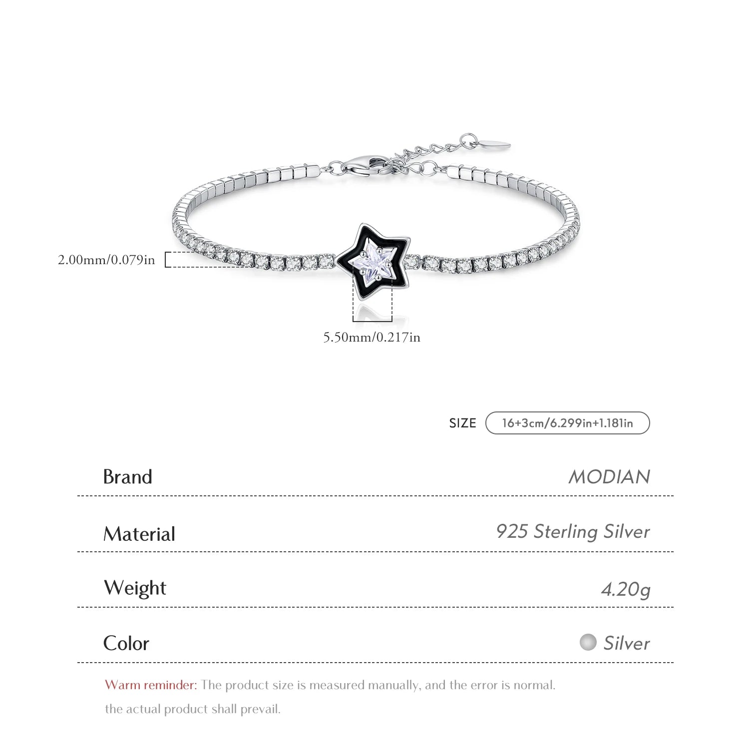 MODIAN 925 Sterling Silver Shinning Stars Zirconia Black Enamel Tennis Bracelets For Women Vacation Fine Jewelry