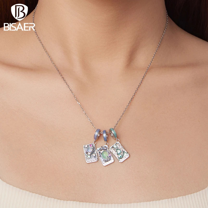 BISAER 925 Sterling Silver Tarot Card Series Pendant Tower Chariot World Judgment Hierophant Charm for DIY Bracelet Fine Jewelry