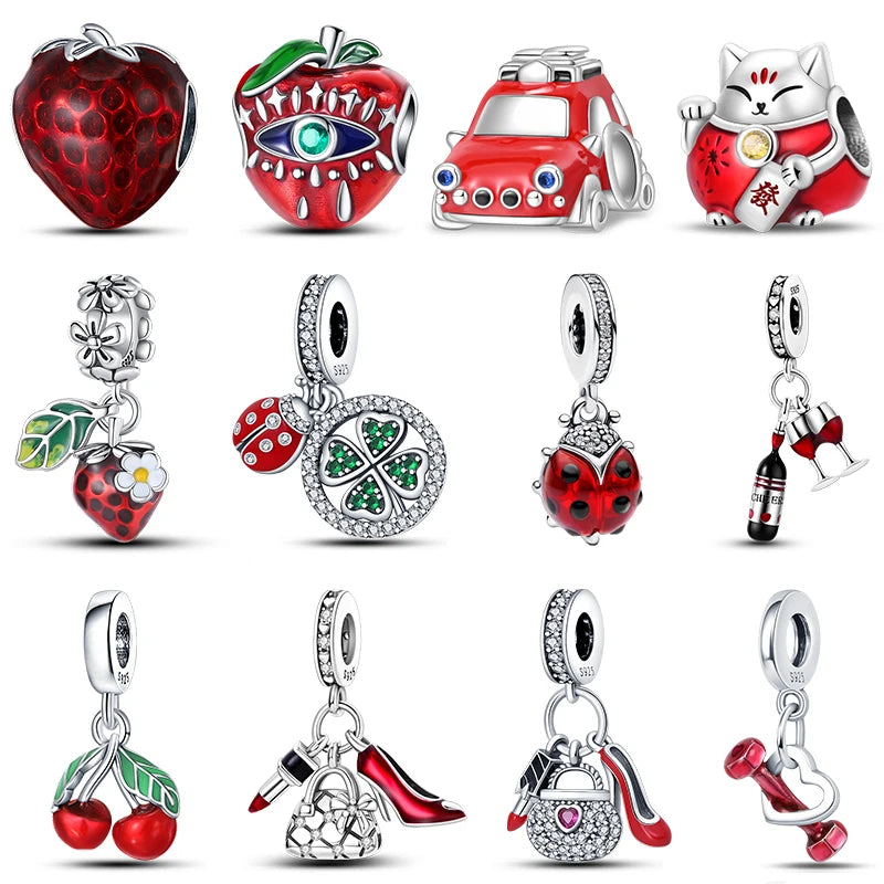 925 Silver Strawberry Ladybird Cars Lipstick Fashion Woman Red Charms Beads Fit Pandach 925 Original Bracelets DIY Jewelry Gift