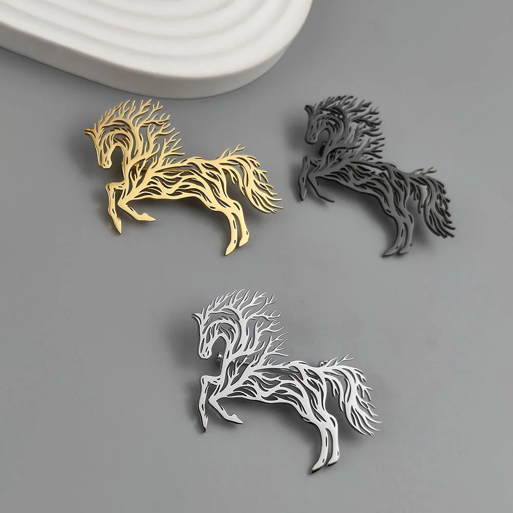 Original design branch running horse stainless steel gold-plated 18K brooch, suit lapel pin, men's formal dress accessories