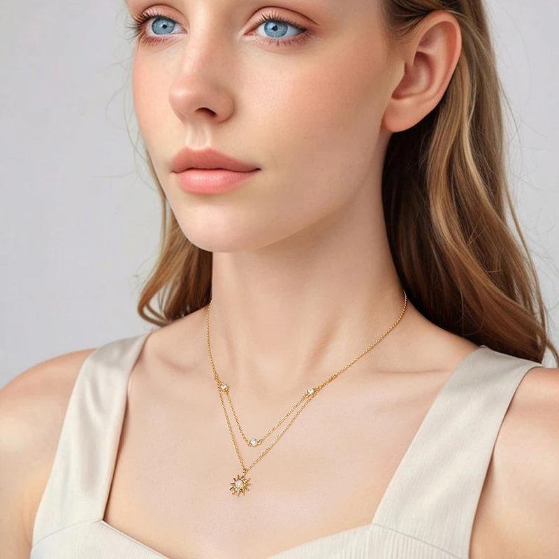 WOSTU Double Layer Zircon Chain Links 925 Sterling Silver 18K Gold Pink Opal Sun Moon Pendant Necklace Wedding Party Jewelry Gif