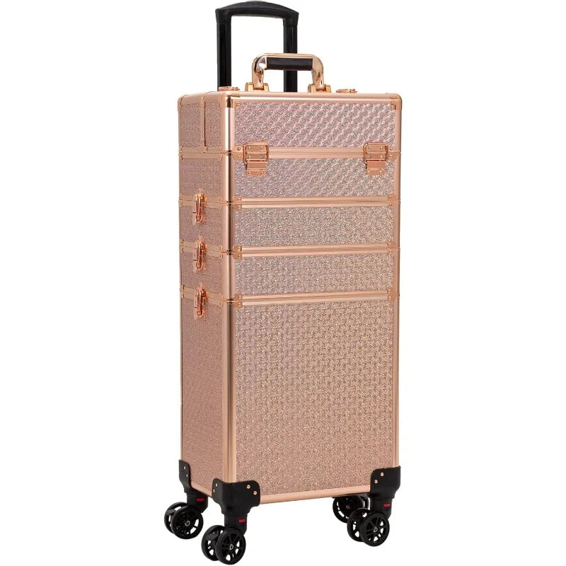 4 in 1 Portable Traveling Aluminum Professional Makeup Trolley Cart with Multiple-Sized Compartments and Wheels (baby's breath g