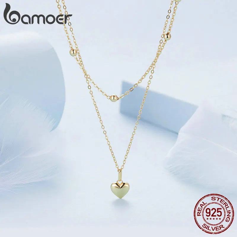 BAMOER 925 Sterling Silver Romantic Heart Pendant Necklace for Women Gold Double Layer Choker Female Fine Jewelry Anniversary