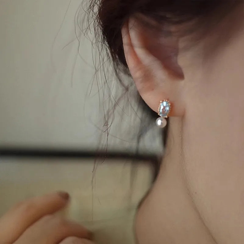 925 Sterling Silver Blue Zircon Pearl Stud Earrings for Women Korean Simple Temperament Jewelry Accessories