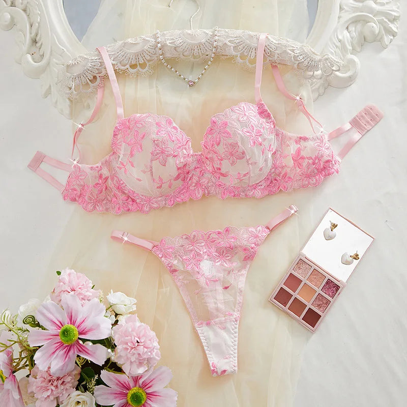 Sexy Female Lingerie Ultra Thin Bra Set Romantic Underwear Beautiful Embroidery Lace Lingerie Translucent Underwear Erotic Sets