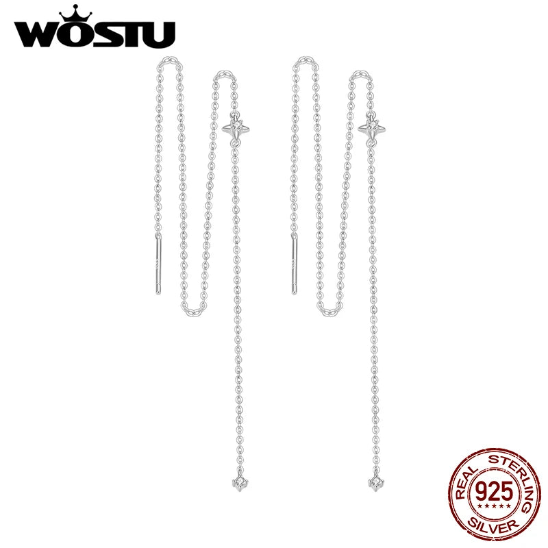 WOSTU Moissanite Star Long Dangle Earrings Chain for Women, 925 Silver Teens Line Dangle Earring Tassel Threader Chain Pendiant