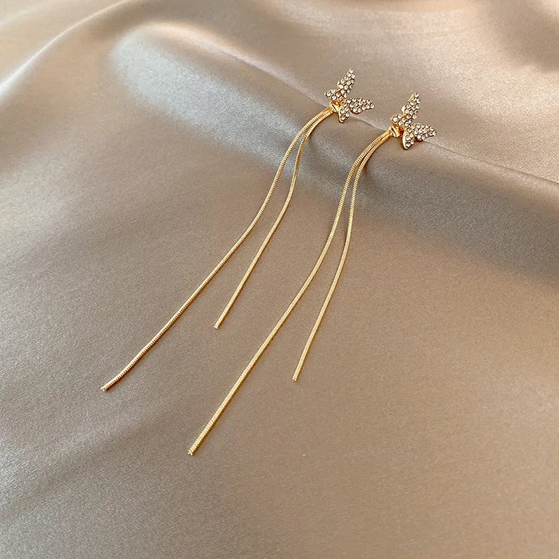 Koreanische Ohrringe mit langen Quasten in Goldoptik für Damen – modische Ohrringe mit Kristall-Schmetterling, Herz und Stern – eleganter Partyschmuck