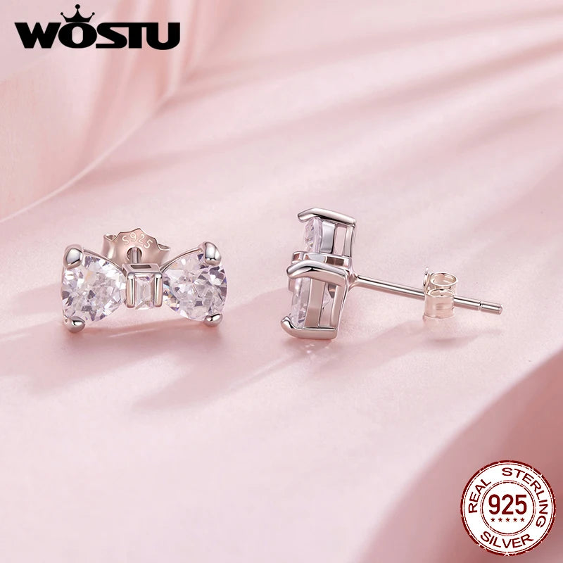 WOSTU Wedding Jewelry Set 925 Sterling Silver Clear CZ Bowknot Necklace Earrings Ring Sweet Bow Knot Jewelry Gift For Girl Lover