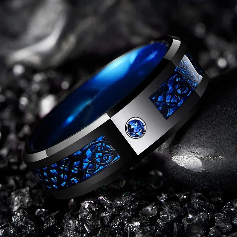 8mm Black Tungsten Celtic Dragon Ring with Blue Zircon