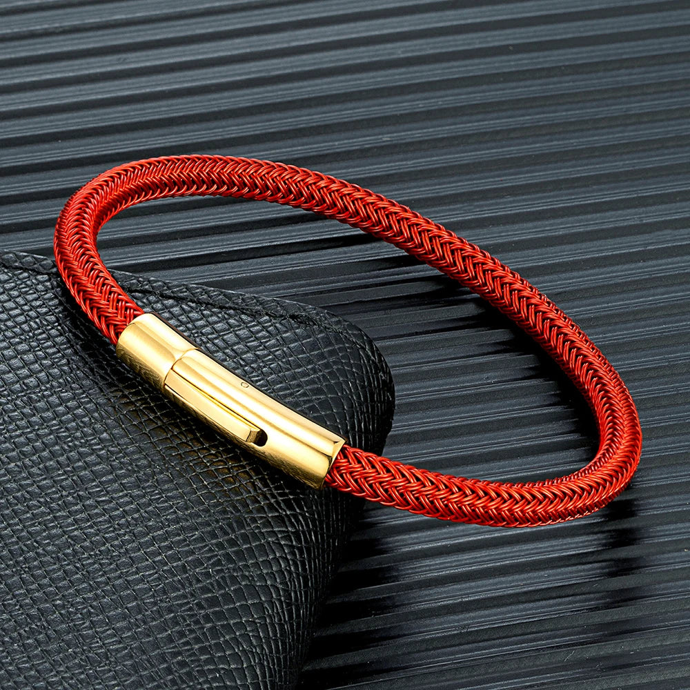 MKENDN Simple Style Men Women Lucky Red Jewelry Non-fading Steel Wire Rope Bracelet Classic Cuff Charm Bracelet for Couple Gifts