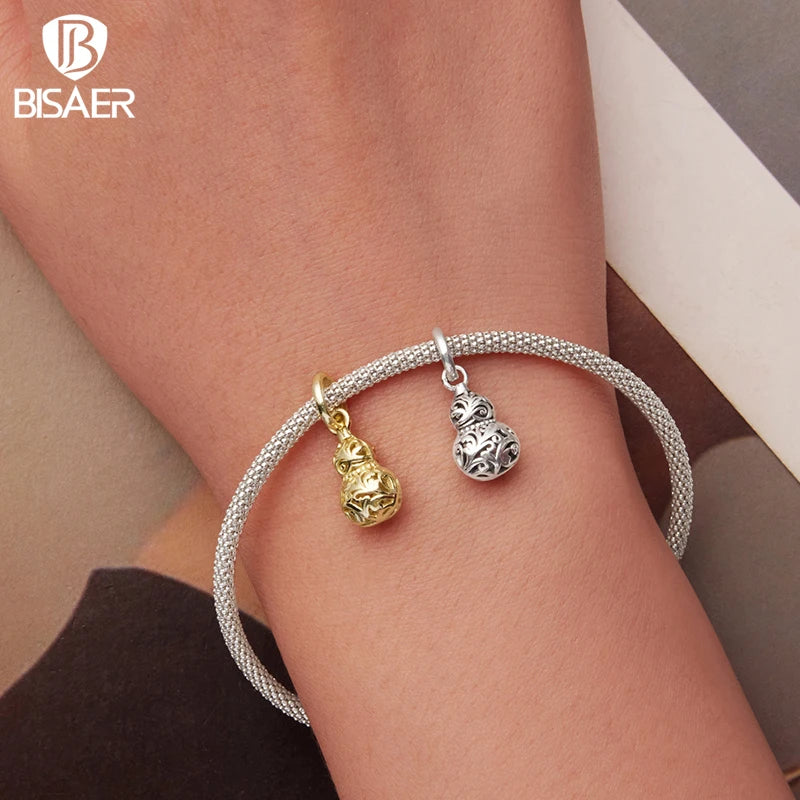 BISAER Real 925 Sterling Silver Vintage Gourd Charm Bead Hollow Pattern Pendant Plated Gold For Women DIY Bracelet Fine Jewelry