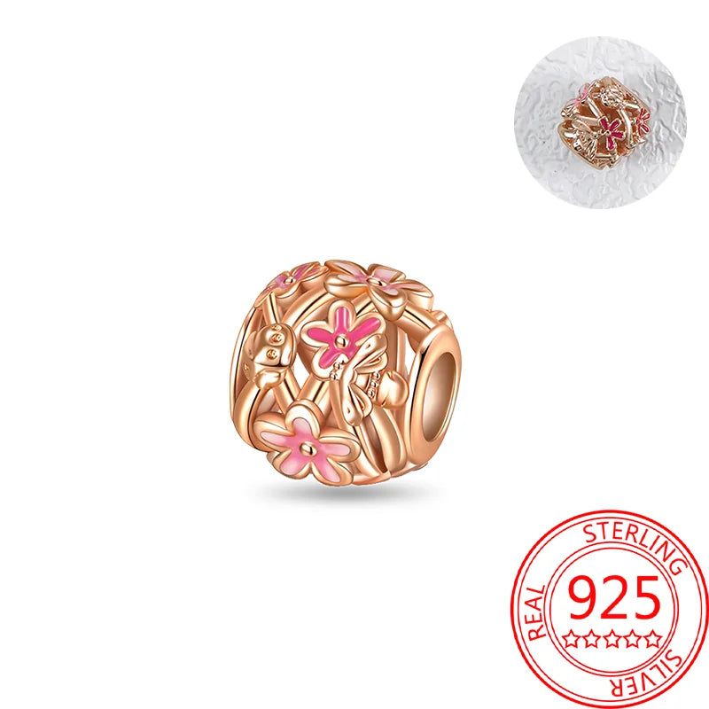 925 Sterling Silver Real Rose Gold Pink Octopus Summer Turtle Heart Dangle Charm Fit Original Bracelet Necklaces Bracelet Girl