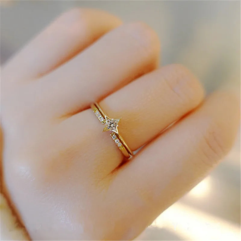 925 Sterling Silver Plating 14K Gold Sparkling Zirconia Star Rings For Women Fine Party Wedding Jewelry Gift