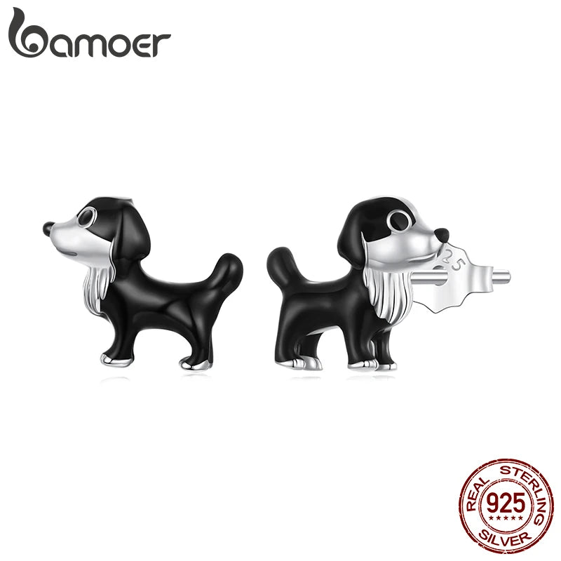 BAMOER 925 Sterling Silver Cut Border Collie Stud for Pet Lover, Enamel Black Playful Dog Piercing Hypoallergenic Earrings