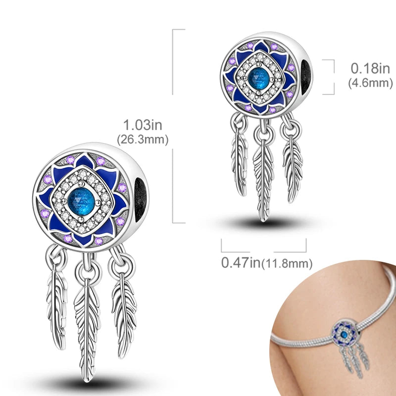 925 Sterling Silver Pendant Charms Feather Dreamcatcher Charm Bead For Original Charm Bracelet Necklace Bead DIY Jewelry Gift