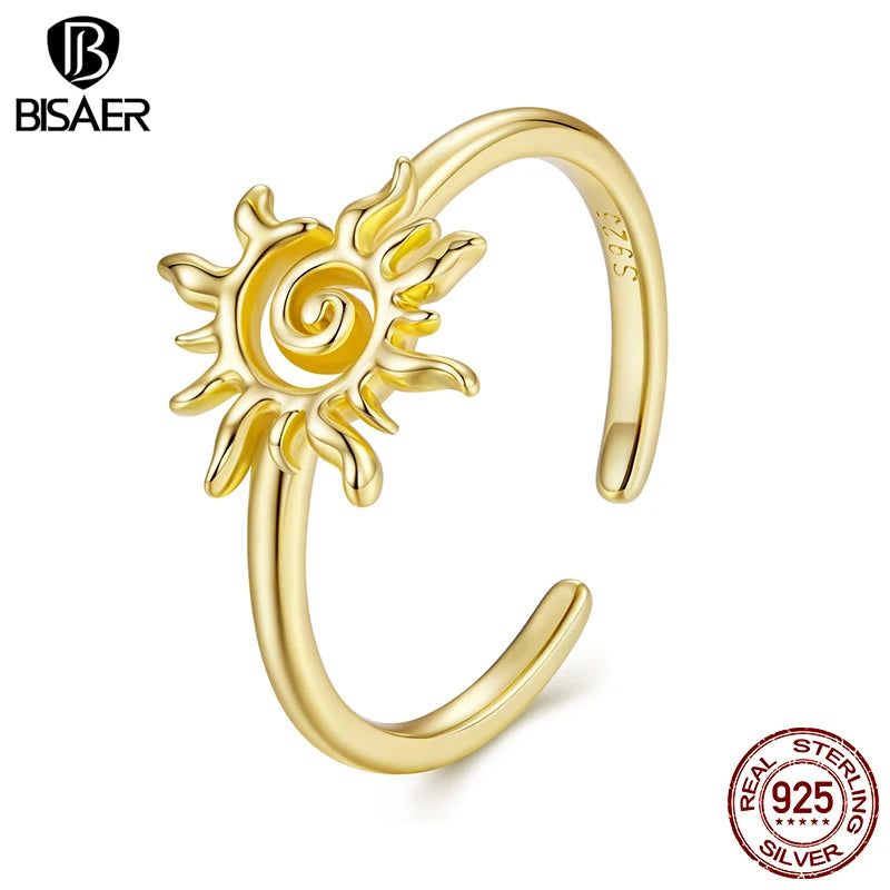 BISAER 925 Sterling Silver Sun Open Ring Stackable Eternity Band Plated Gold for Women Party Fine Jewelry EFR709-E
