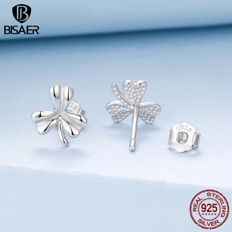 BISAER 925 Sterling Silver Mini Clover Stud Earrings,Lightweight Hypoallergenic Stud Ear for Lucky Woman Party Fine Jewelry