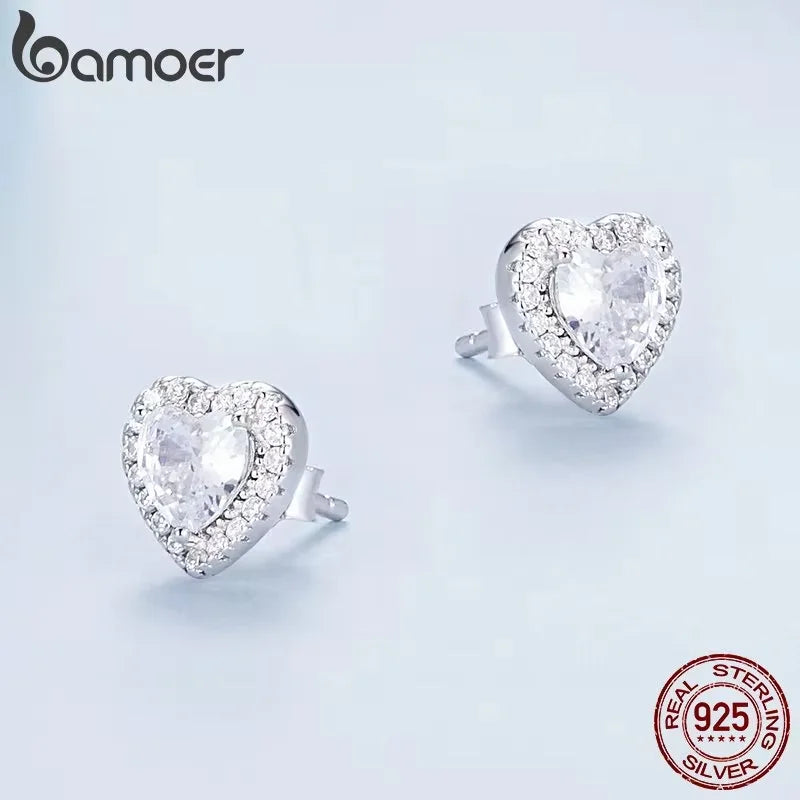 BAMOER 18K Gold Heart CZ Stud Earrings 925 Sterling Silver Hypoallergenic Classic Halo Earrings Circle Setting Women Dating Gift