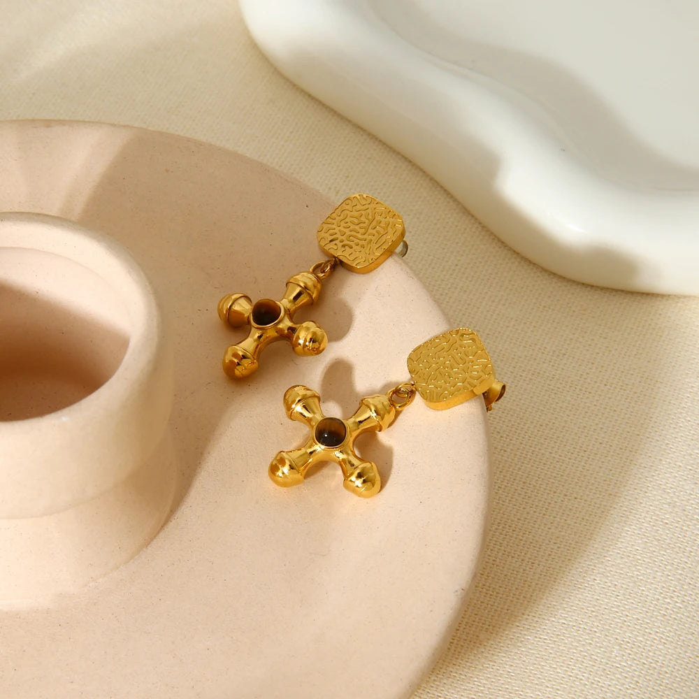 INS Trend 18 Karat vergoldete Naturstein-Kreuz-Ohrstecker mit wasserdichter Textur, Tropfenohrring, Damenschmuck, Geschenk