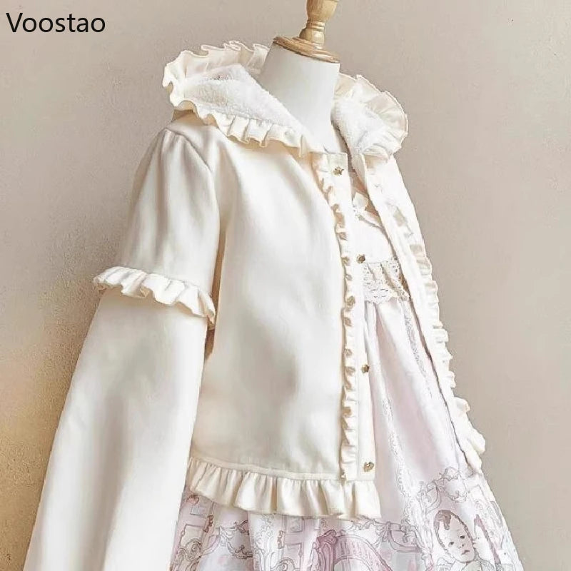 Sweet Lolita Women Jacket Japanese Kawaii Hooded Ruffles Coat Vintage Autumn Winter Tops Warm Outwear Japanese Fashion Jackets