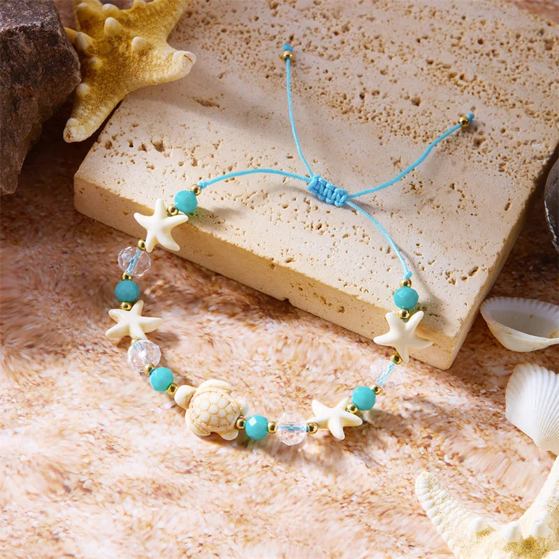 Bohemian Starfish Conch Shell Beads Bracelet For Women Girls Summer Beach Party Rice Bead Adjustable Bangle Friendship Jewelry