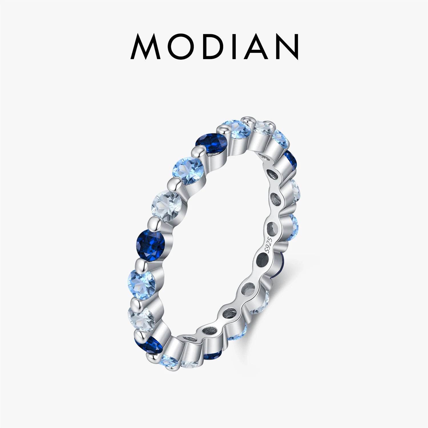 MODIAN 925 Sterling Silver Trendy Sparkling Gradient Blue Round CZ Stacking Eternity Band Rings For Women Fine Jewelry