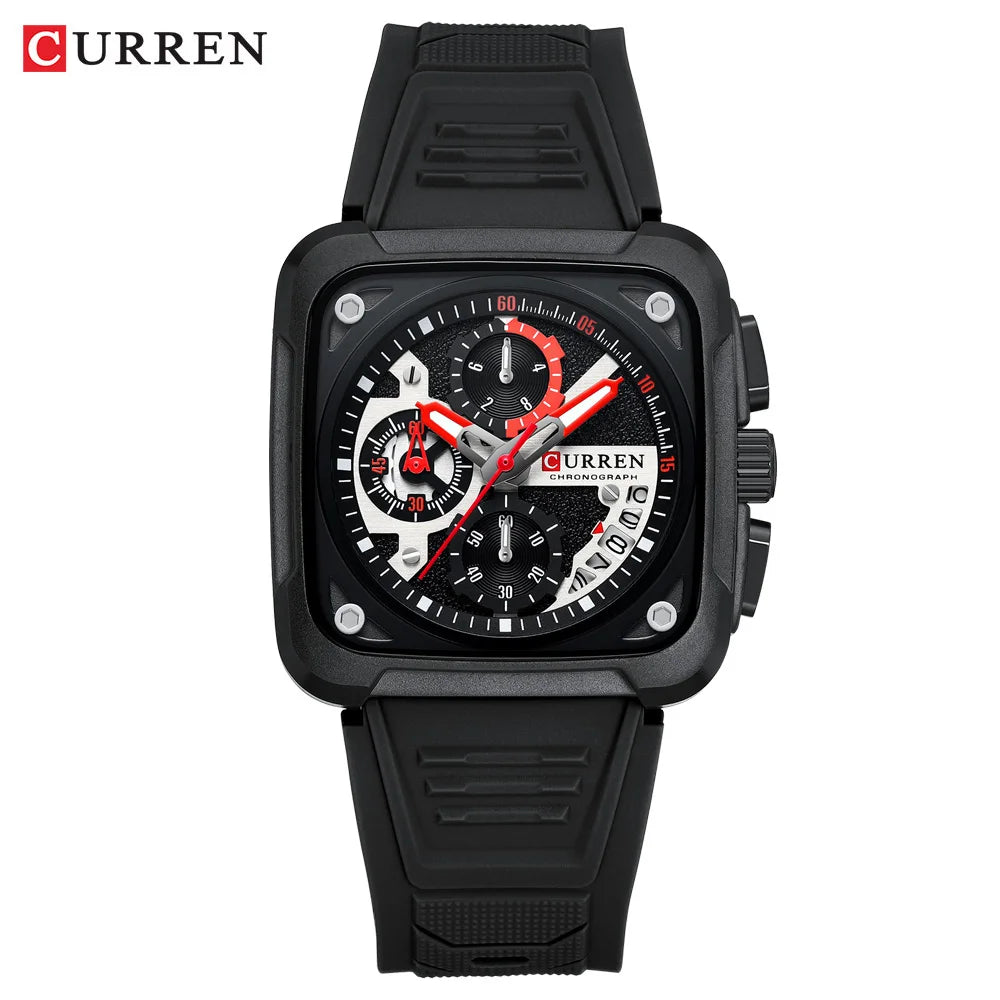 CURREN Men's Watches Brand Sporty Unique Square Dial with Chronograph Male Quartz Wristwatch with Silicone strap Waterproof