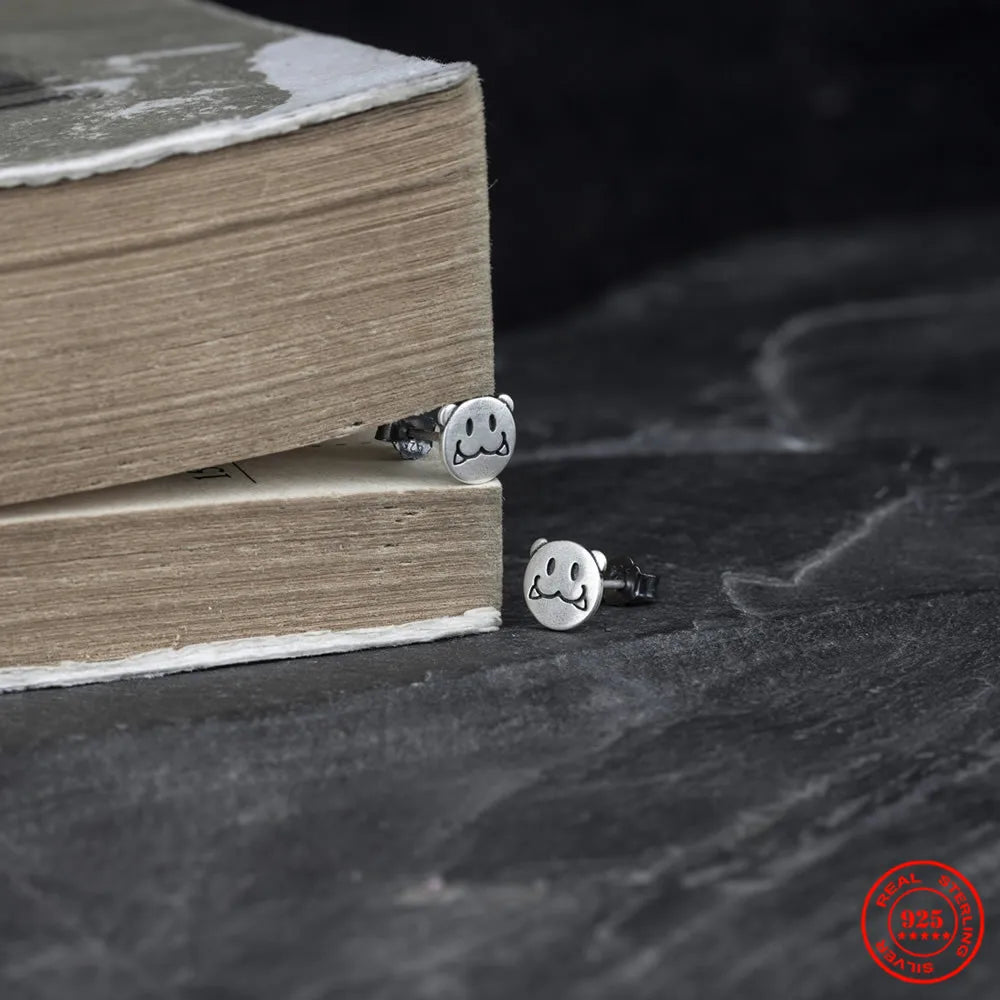 MKENDN Gothic Style 100% 925 Sterling Silver Creative Retro Smile Lion Head Stud Earring Ear Pin For Men Women Fine Jewelry