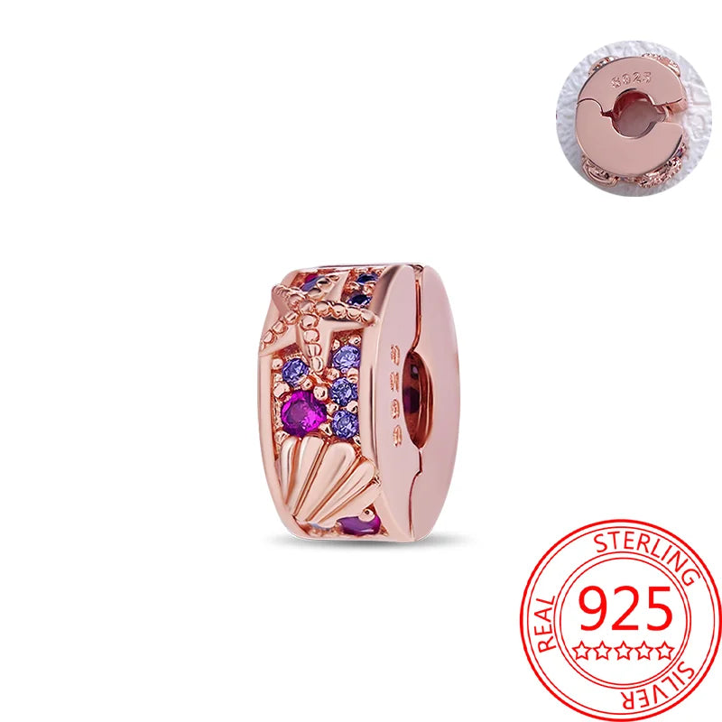 925 Sterling Silver Real Rose Gold Pink Octopus Summer Turtle Heart Dangle Charm Fit Original Bracelet Necklaces Bracelet Girl