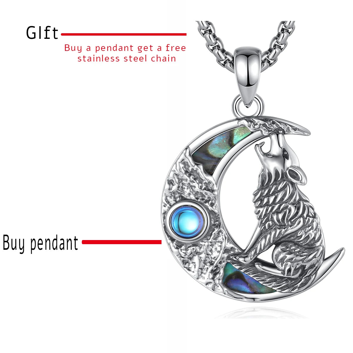 Eudora 925 Sterling Silver Wolf on the Moon Necklace for Women Man Natural Abalone Shell Viking Wolf Pendant Jewelry Party Gift