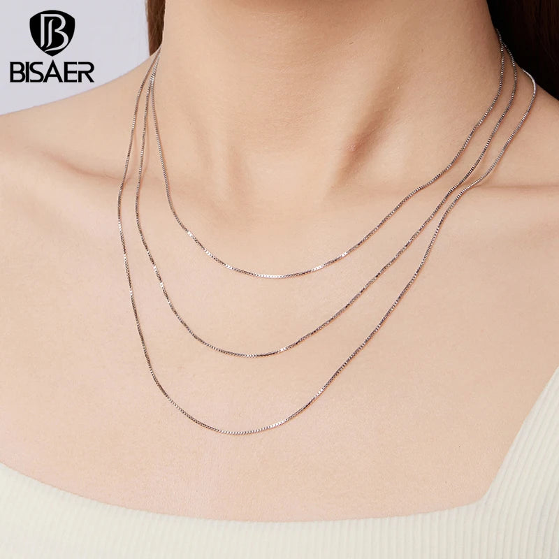 BISAER 925 Sterling Silver Box Basic Chain Necklace Lobster Clasp Optional 40 45 50cm Plated White Gold Women Men Party Jewelry