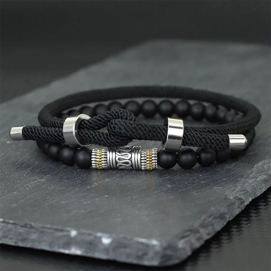 Stylish 2Pcs Men Bracelet Set 4mm Grade A Rope Charm Braslet 6mm Lava Onyx Stone Beaded Braclet Good Luck Red Cord Brazalete