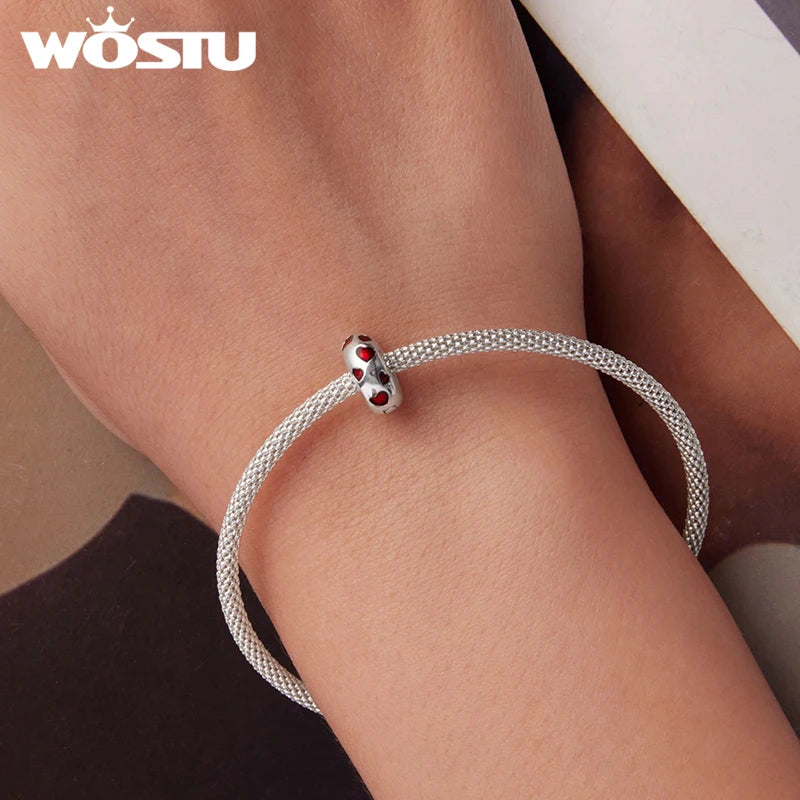 WOSTU Solid 925 Sterling Silver Enamel Red Heart Charms Clips Beads Fit Original Bracelet DIY Gift For Lover Daughter Mom