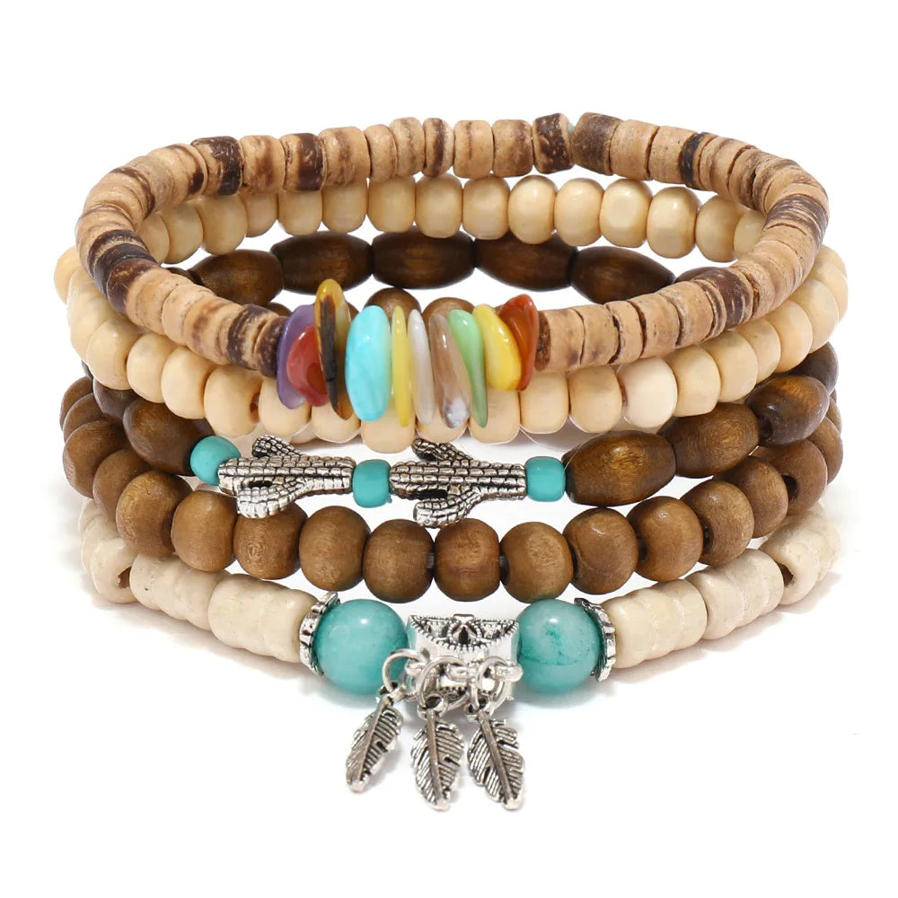 Lot de 4 à 5 bracelets ethniques en perles de bois avec breloques en forme d'arbre et de cactus, main de Fatima, papillon, style bohème, pour hommes et femmes, bijoux féminins