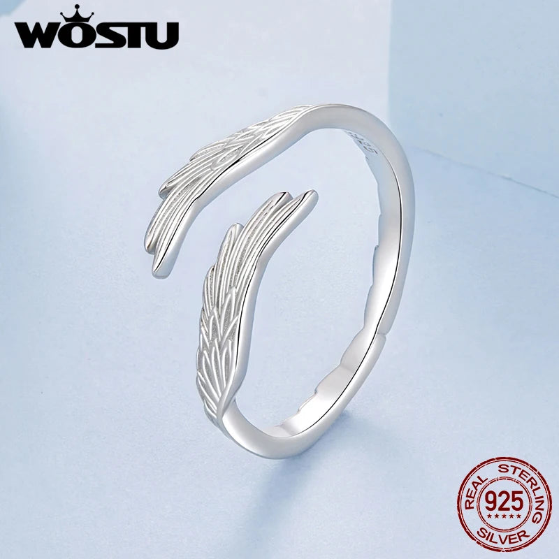 WOSTU Angel Wing Adjustable Ring for Women, 925 Sterling Silver Open Band Feather Rings Detail Jewelry Unique Party Gift New