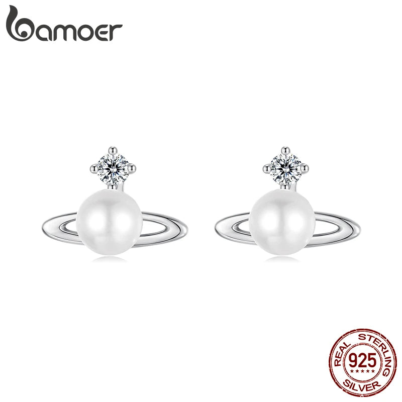BAMOER Planet Stud Earrings with Round Pearl Pierced Earrings Lightweight for Women Elegant Jewelry Gift 925 Sterling Silver